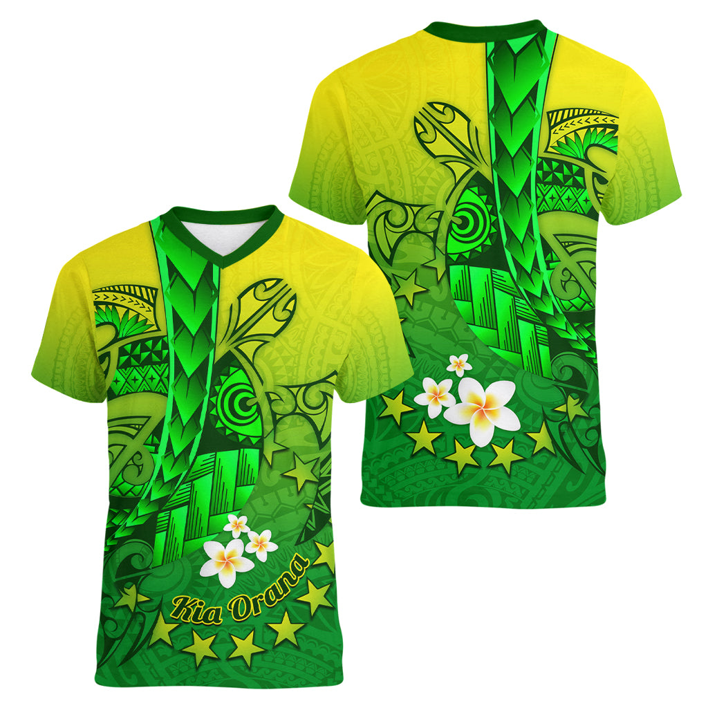 Kia Orana Cook Islands Women V Neck T Shirt Kuki Airani Tattoo Pattern With Sea Turtle LT14 - Polynesian Pride