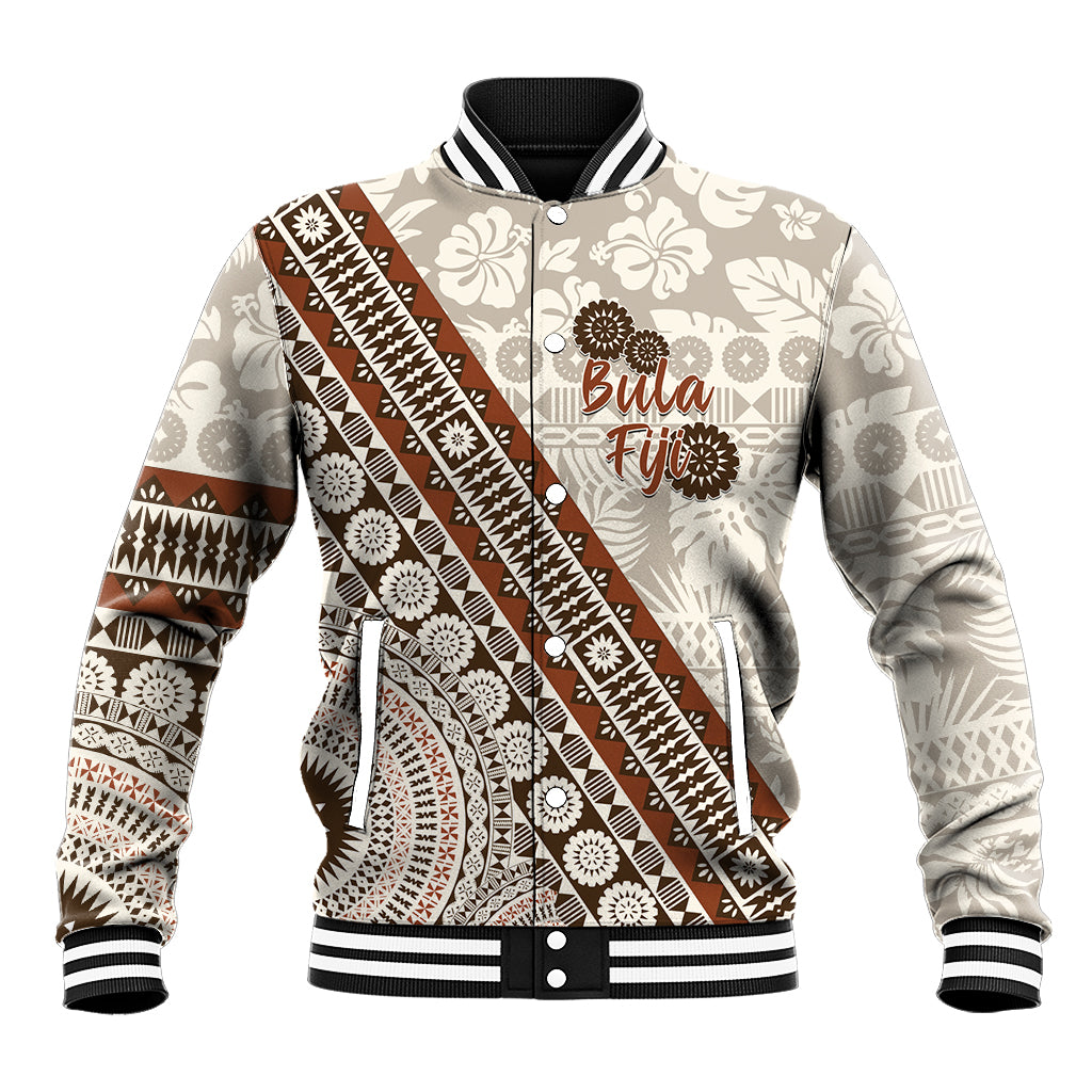 Bula Fiji Baseball Jacket Fijian Masi Tapa Cloth Vintage Vibes LT14 Unisex Beige - Polynesian Pride