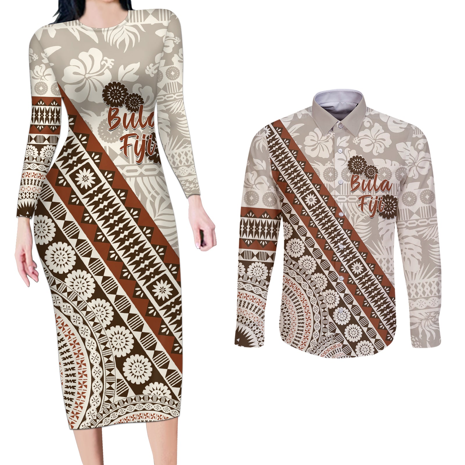 Bula Fiji Couples Matching Long Sleeve Bodycon Dress and Long Sleeve Button Shirt Fijian Masi Tapa Cloth Vintage Vibes LT14 Beige - Polynesian Pride