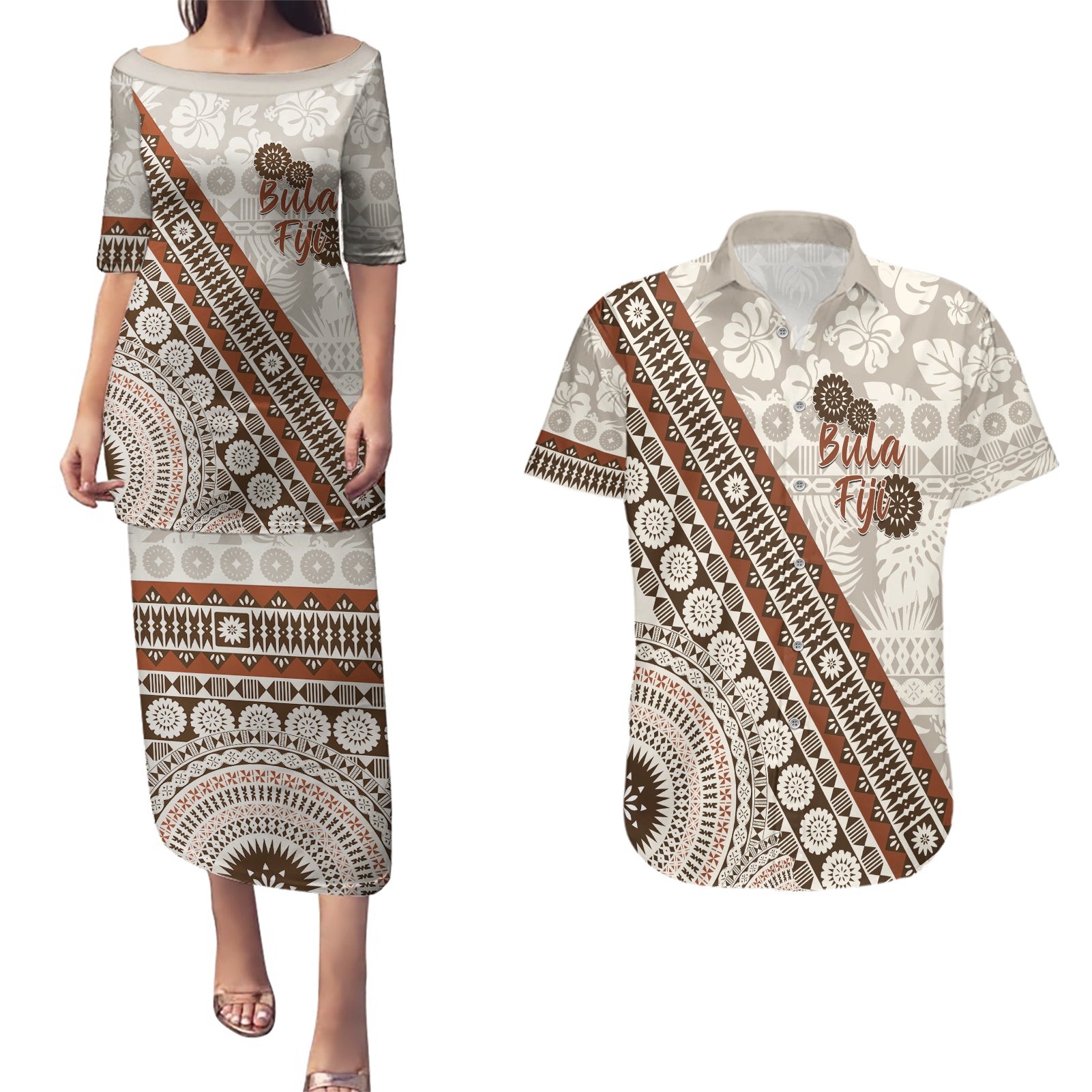 Bula Fiji Couples Matching Puletasi and Hawaiian Shirt Fijian Masi Tapa Cloth Vintage Vibes LT14 Beige - Polynesian Pride