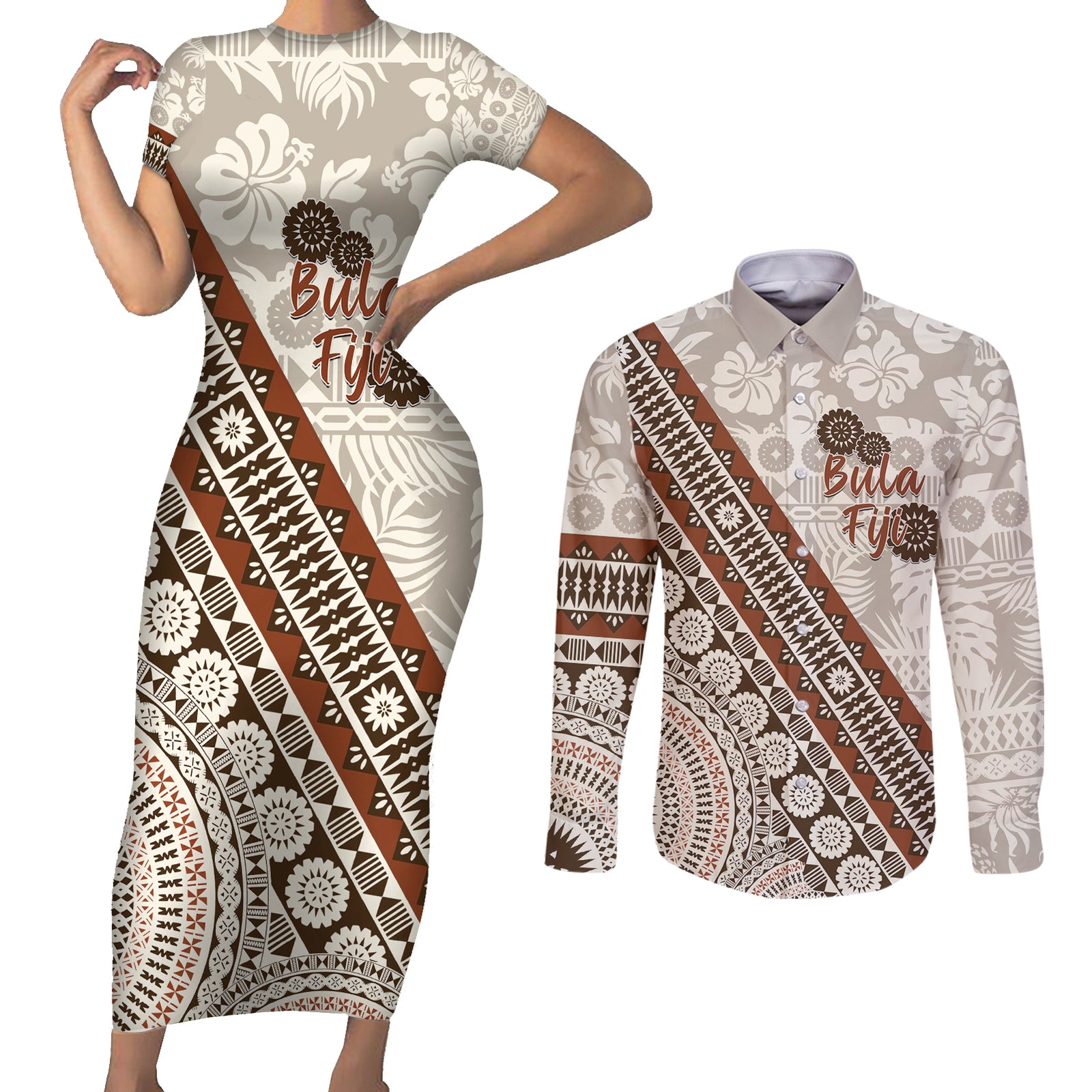 Bula Fiji Couples Matching Short Sleeve Bodycon Dress and Long Sleeve Button Shirt Fijian Masi Tapa Cloth Vintage Vibes LT14 Beige - Polynesian Pride
