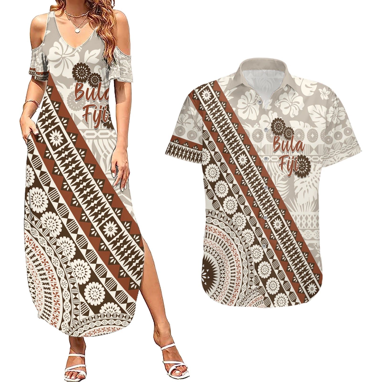 Bula Fiji Couples Matching Summer Maxi Dress and Hawaiian Shirt Fijian Masi Tapa Cloth Vintage Vibes LT14 Beige - Polynesian Pride