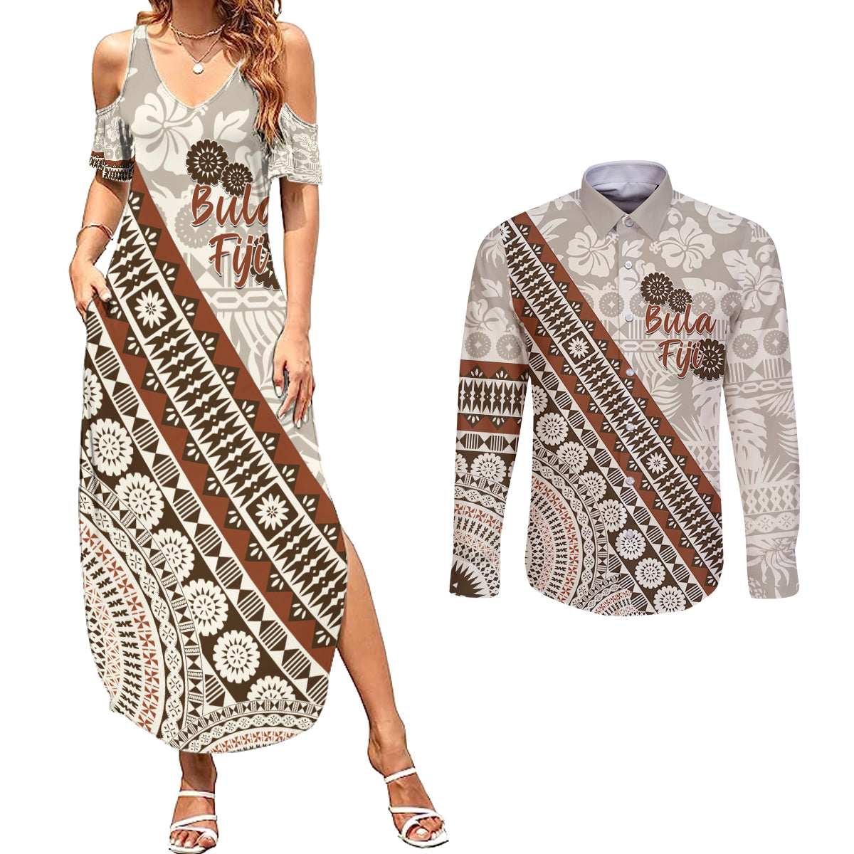Bula Fiji Couples Matching Summer Maxi Dress and Long Sleeve Button Shirt Fijian Masi Tapa Cloth Vintage Vibes LT14 Beige - Polynesian Pride