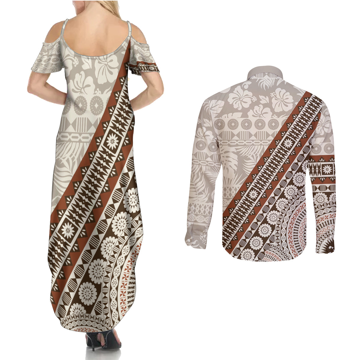 Bula Fiji Couples Matching Summer Maxi Dress and Long Sleeve Button Shirt Fijian Masi Tapa Cloth Vintage Vibes LT14 - Polynesian Pride