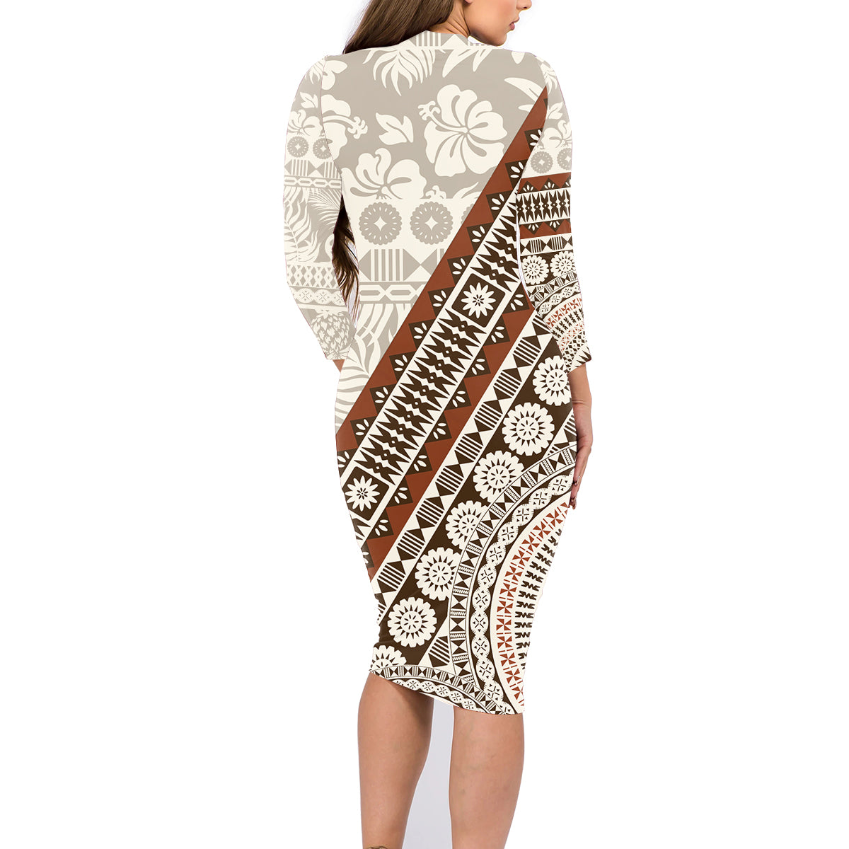 Bula Fiji Family Matching Long Sleeve Bodycon Dress and Hawaiian Shirt Fijian Masi Tapa Cloth Vintage Vibes LT14 - Polynesian Pride