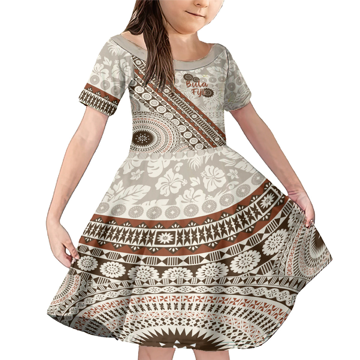 Bula Fiji Family Matching Mermaid Dress and Hawaiian Shirt Fijian Masi Tapa Cloth Vintage Vibes LT14 Daughter's Dress Beige - Polynesian Pride