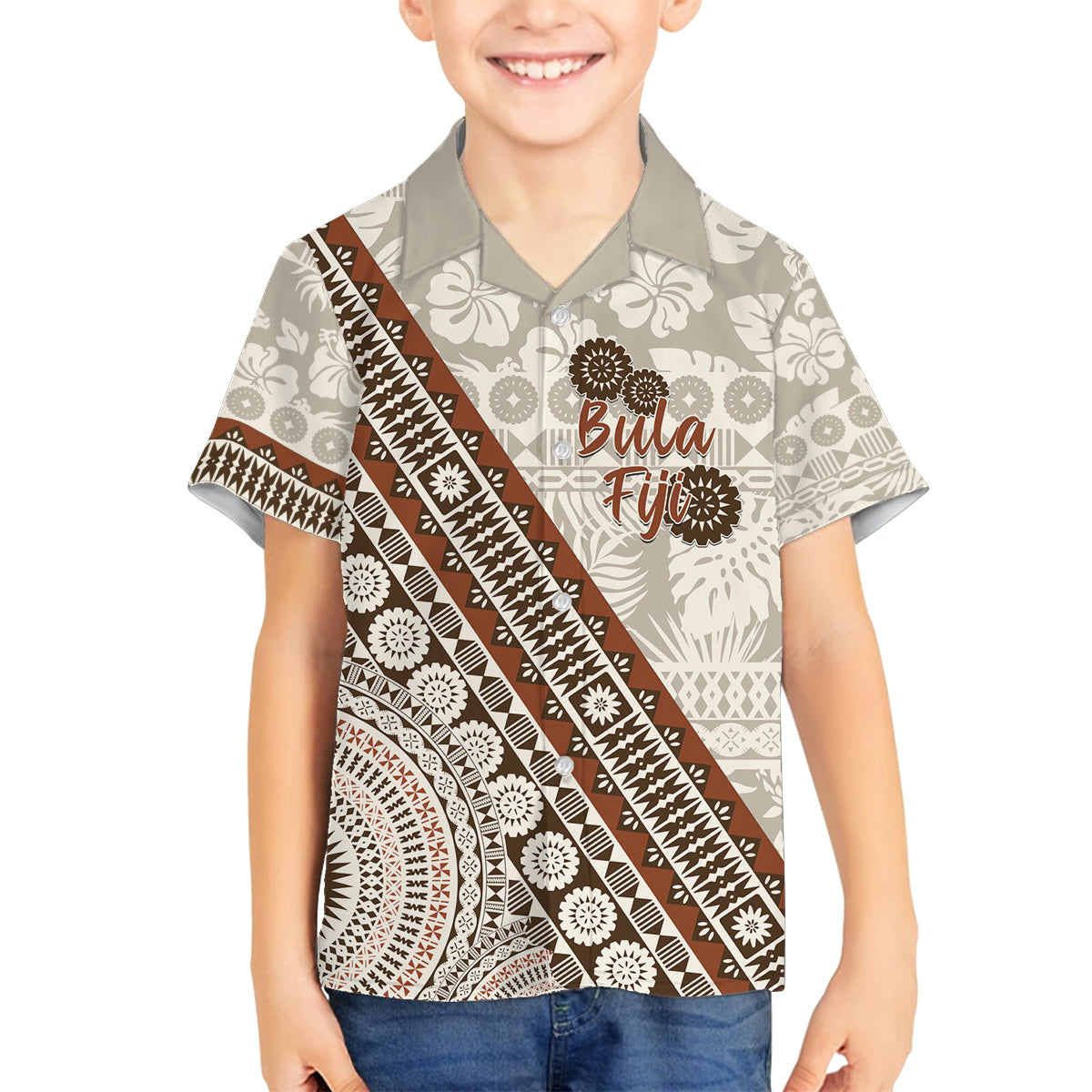 Bula Fiji Family Matching Off Shoulder Short Dress and Hawaiian Shirt Fijian Masi Tapa Cloth Vintage Vibes LT14 Son's Shirt Beige - Polynesian Pride