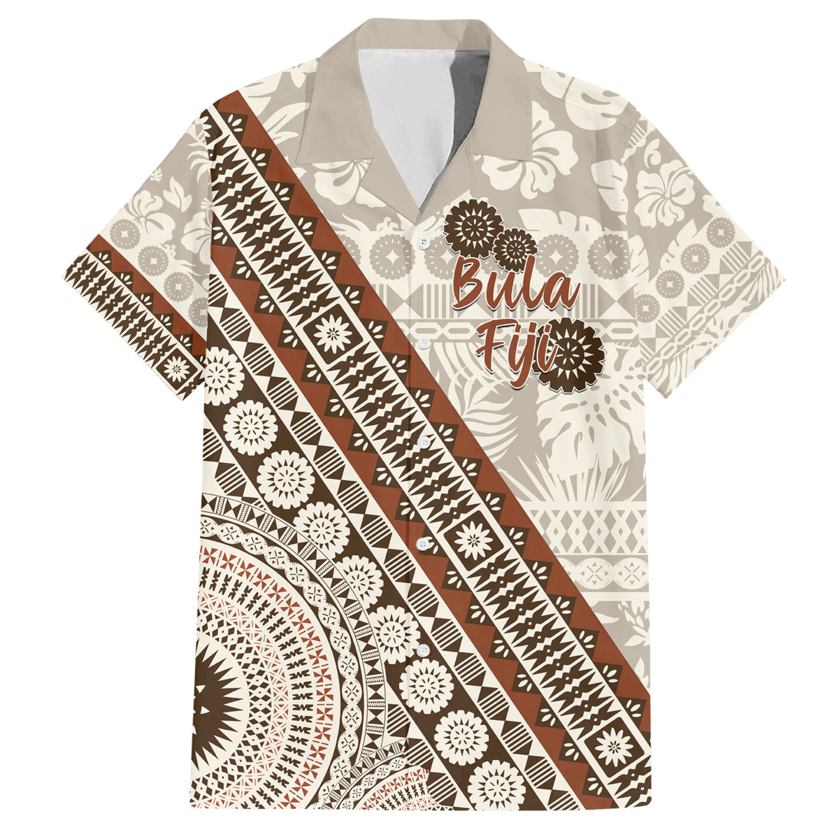 Bula Fiji Family Matching Short Sleeve Bodycon Dress and Hawaiian Shirt Fijian Masi Tapa Cloth Vintage Vibes LT14 Dad's Shirt - Short Sleeve Beige - Polynesian Pride
