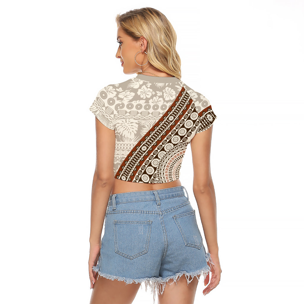 Bula Fiji Raglan Cropped T Shirt Fijian Masi Tapa Cloth Vintage Vibes LT14 - Polynesian Pride