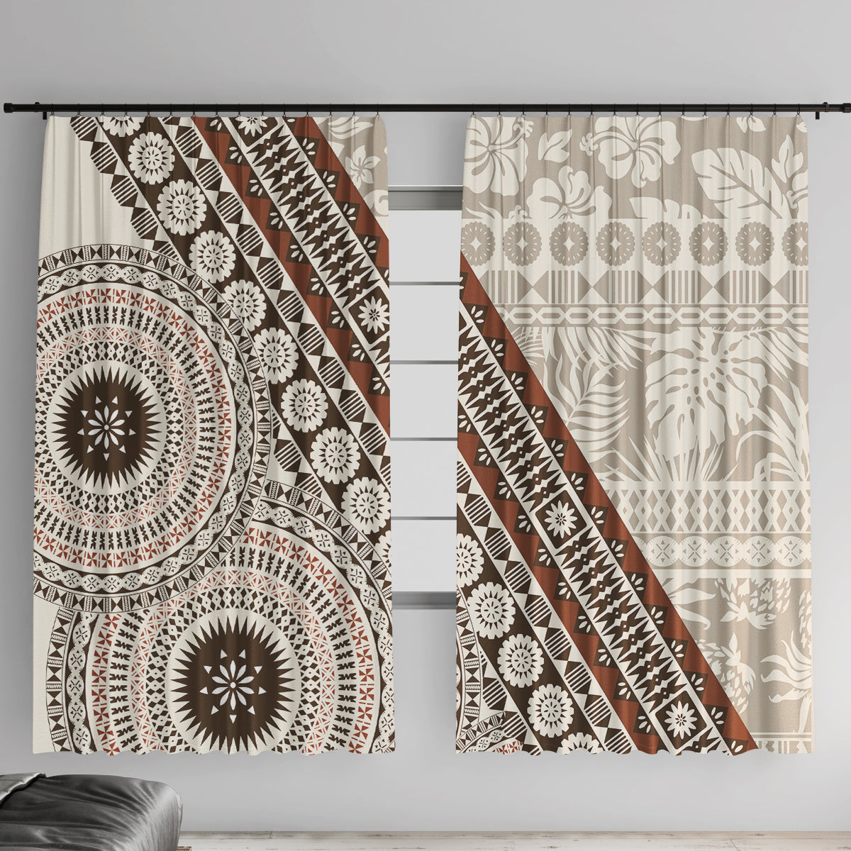 Bula Fiji Window Curtain Fijian Masi Tapa Cloth Vintage Vibes LT14 With Hooks Beige - Polynesian Pride