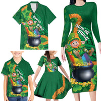 St Patrick's Day Hawaii Family Matching Long Sleeve Bodycon Dress and Hawaiian Shirt Hauoli Maoli Funny Shaka Leprechaun