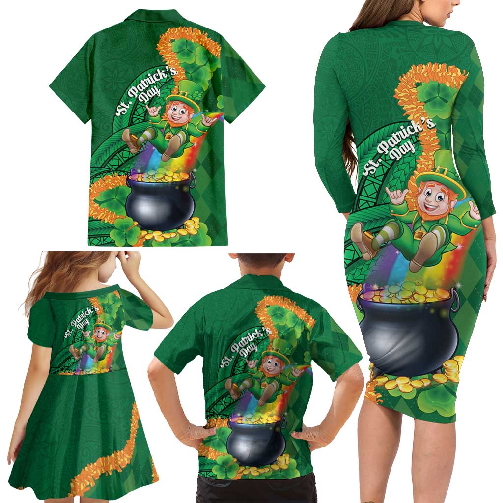 St Patrick's Day Hawaii Family Matching Long Sleeve Bodycon Dress and Hawaiian Shirt Hauoli Maoli Funny Shaka Leprechaun