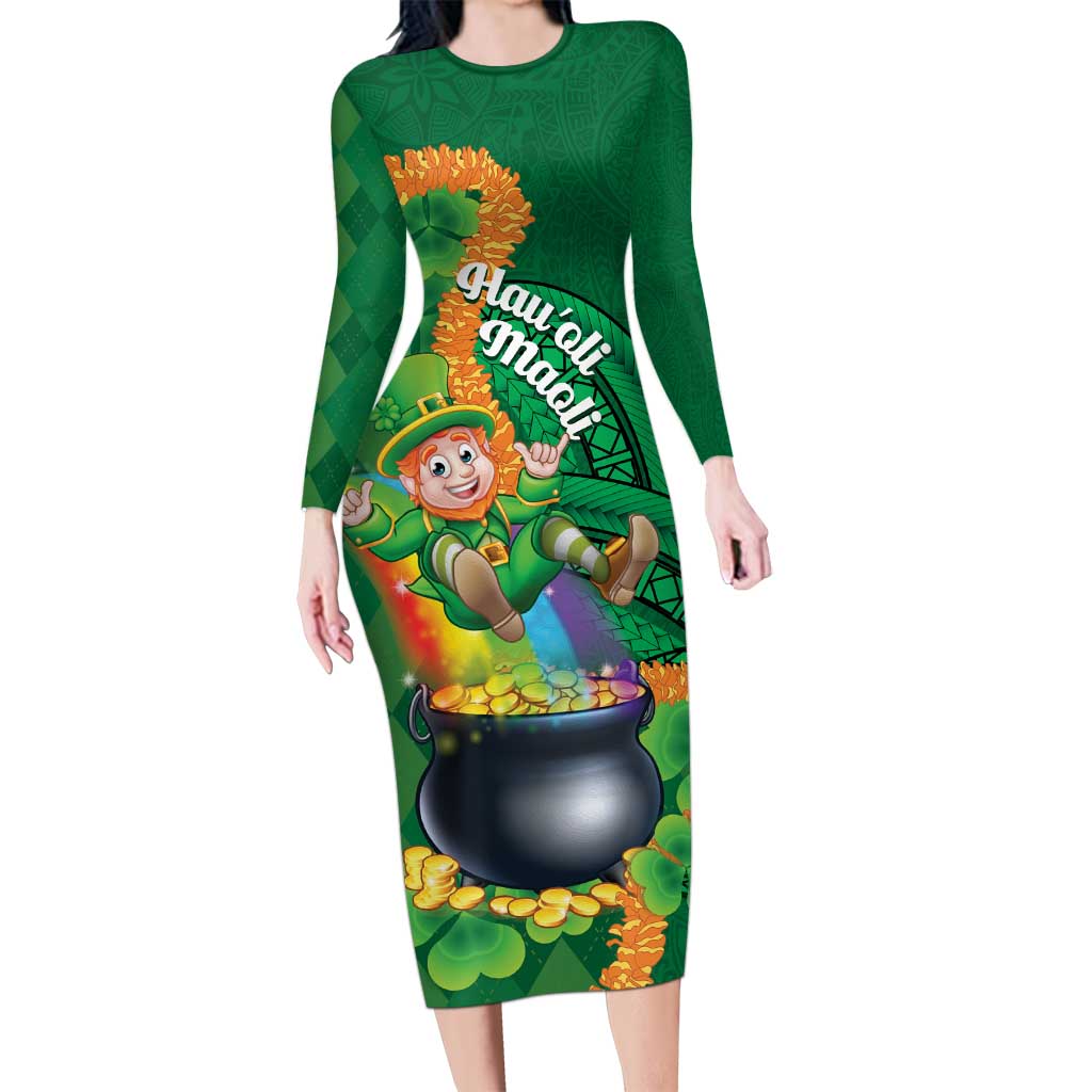 St Patrick's Day Hawaii Family Matching Long Sleeve Bodycon Dress and Hawaiian Shirt Hauoli Maoli Funny Shaka Leprechaun