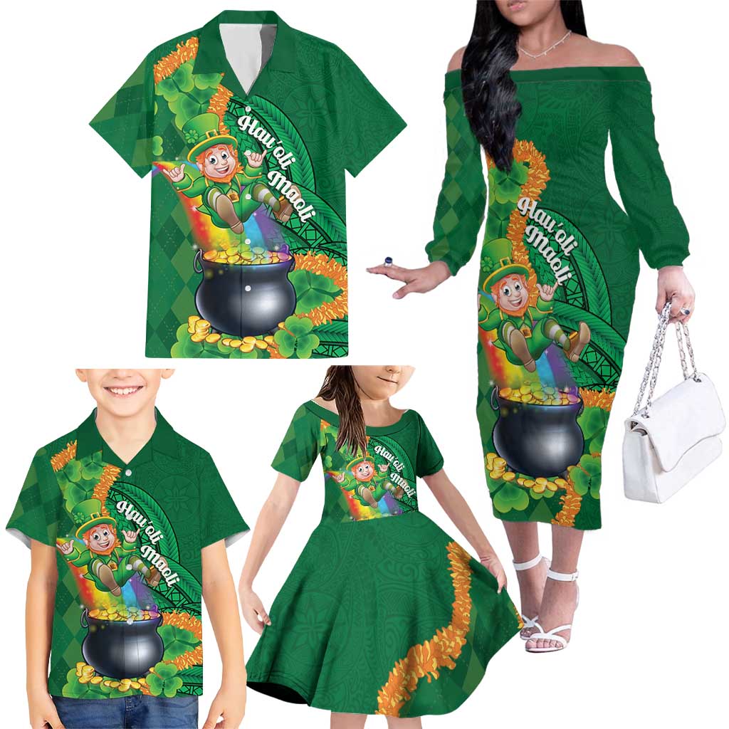 St Patrick's Day Hawaii Family Matching Off The Shoulder Long Sleeve Dress and Hawaiian Shirt Hauoli Maoli Funny Shaka Leprechaun