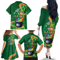 St Patrick's Day Hawaii Family Matching Off The Shoulder Long Sleeve Dress and Hawaiian Shirt Hauoli Maoli Funny Shaka Leprechaun
