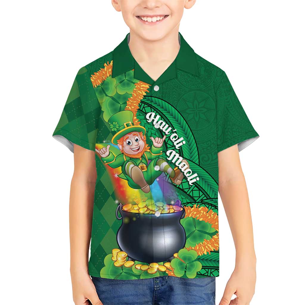 St Patrick's Day Hawaii Family Matching Off The Shoulder Long Sleeve Dress and Hawaiian Shirt Hauoli Maoli Funny Shaka Leprechaun