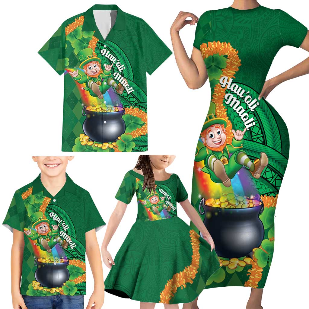 St Patrick's Day Hawaii Family Matching Short Sleeve Bodycon Dress and Hawaiian Shirt Hauoli Maoli Funny Shaka Leprechaun