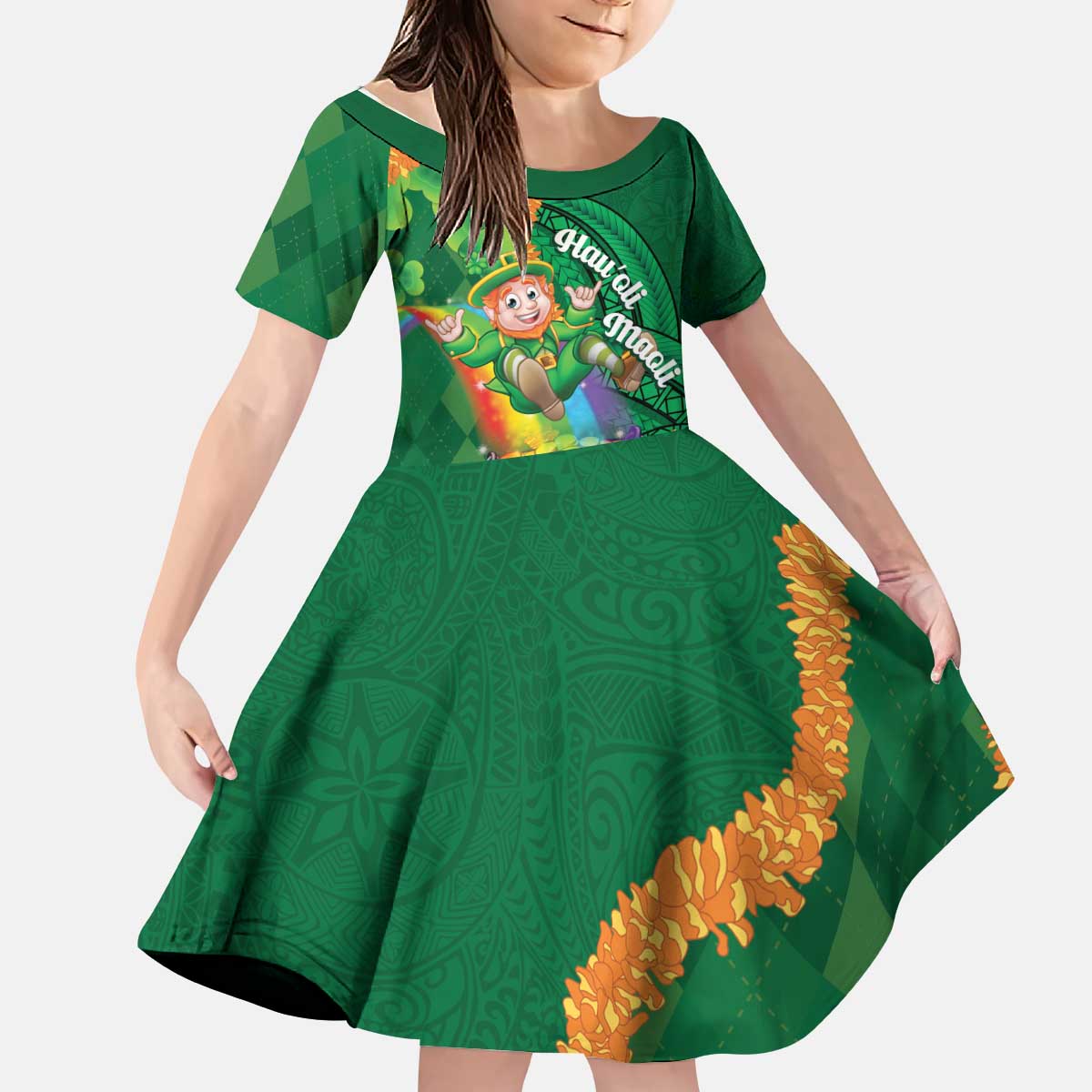 St Patrick's Day Hawaii Kid Short Sleeve Dress Hauoli Maoli Funny Shaka Leprechaun