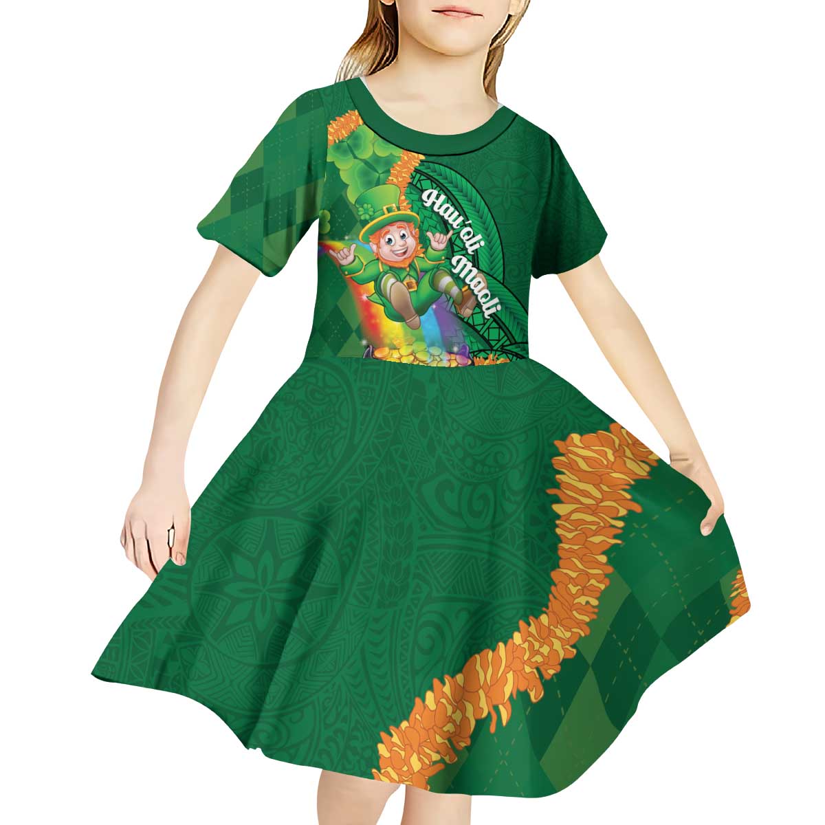 St Patrick's Day Hawaii Kid Short Sleeve Dress Hauoli Maoli Funny Shaka Leprechaun