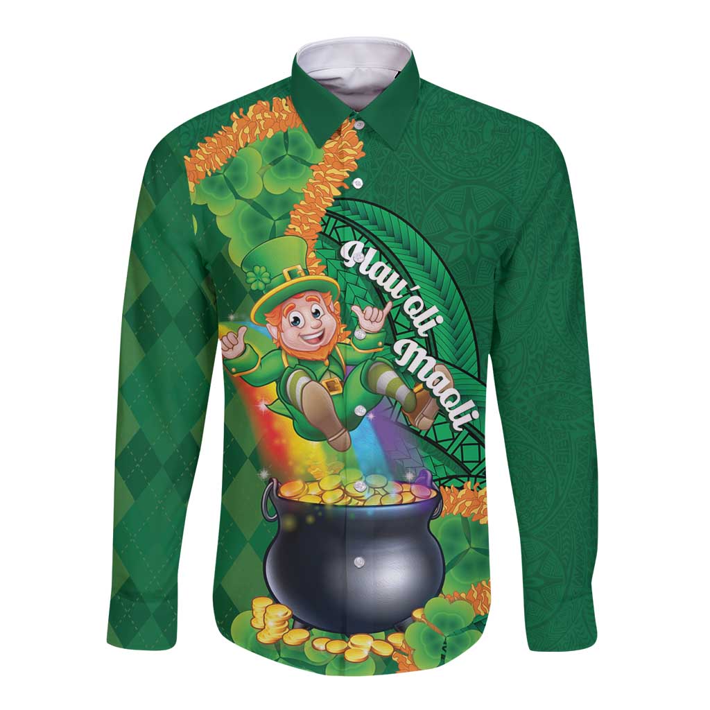 St Patrick's Day Hawaii Long Sleeve Button Shirt Hauoli Maoli Funny Shaka Leprechaun LT14 Unisex Green - Polynesian Pride
