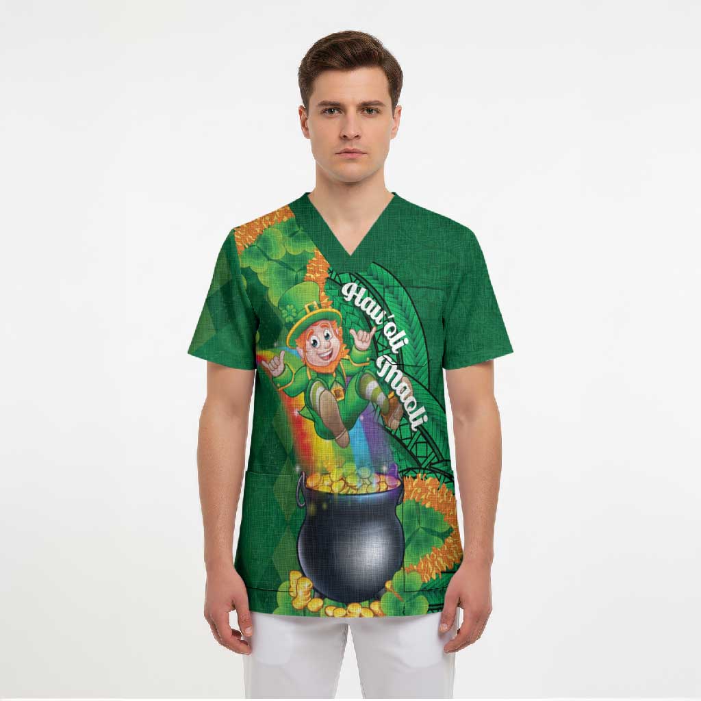 St Patrick's Day Hawaii Scrub Top Hauoli Maoli Funny Shaka Leprechaun