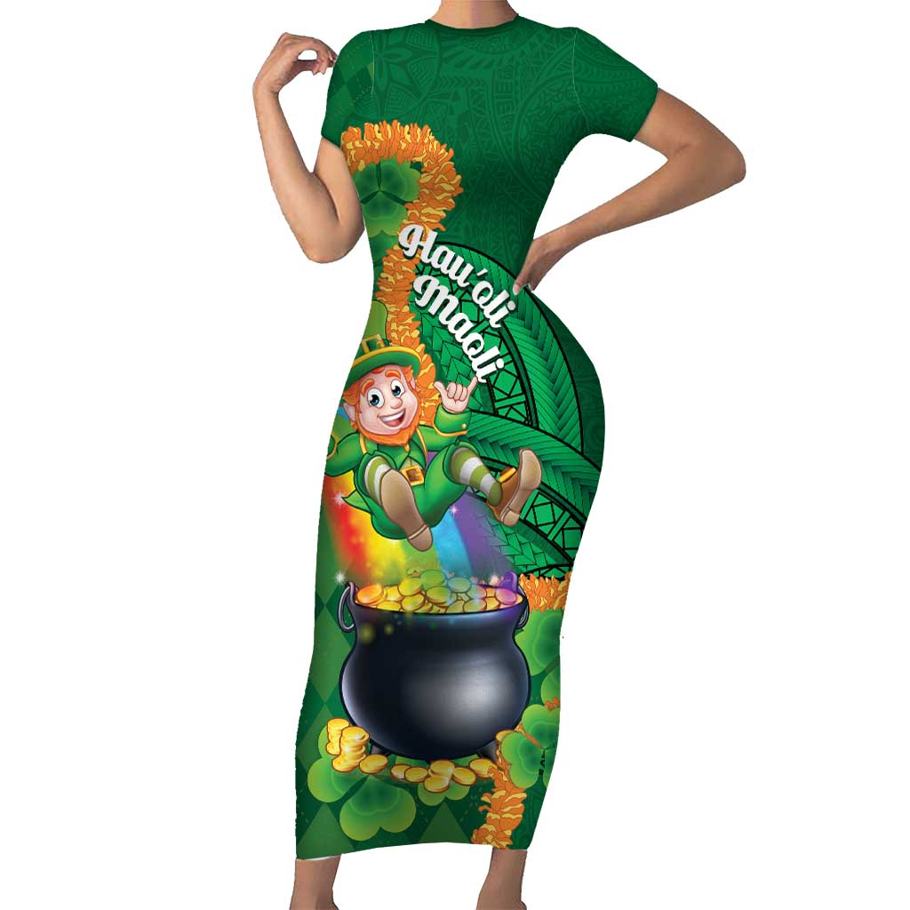 St Patrick's Day Hawaii Short Sleeve Bodycon Dress Hauoli Maoli Funny Shaka Leprechaun