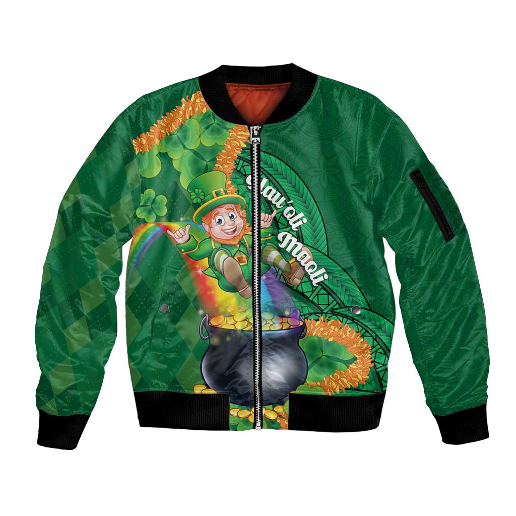 St Patrick's Day Hawaii Sleeve Zip Bomber Jacket Hauoli Maoli Funny Shaka Leprechaun LT14 Unisex Green - Polynesian Pride