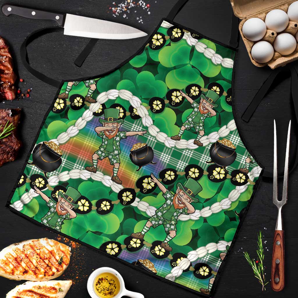St Patrick's Day Palaka Hawaii Apron Kukui Nut Pikake Lei Shamrock Dabbing Leprechaun