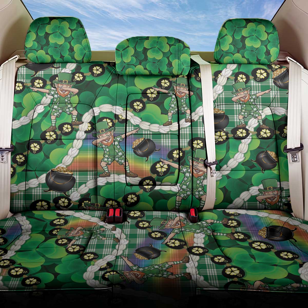 St Patrick's Day Palaka Hawaii Back Car Seat Cover Kukui Nut Pikake Lei Shamrock Dabbing Leprechaun