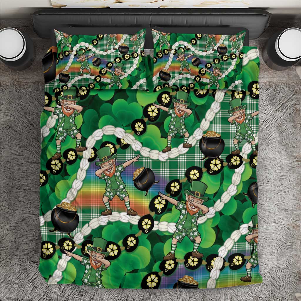 St Patrick's Day Palaka Hawaii Bedding Set Kukui Nut Pikake Lei Shamrock Dabbing Leprechaun