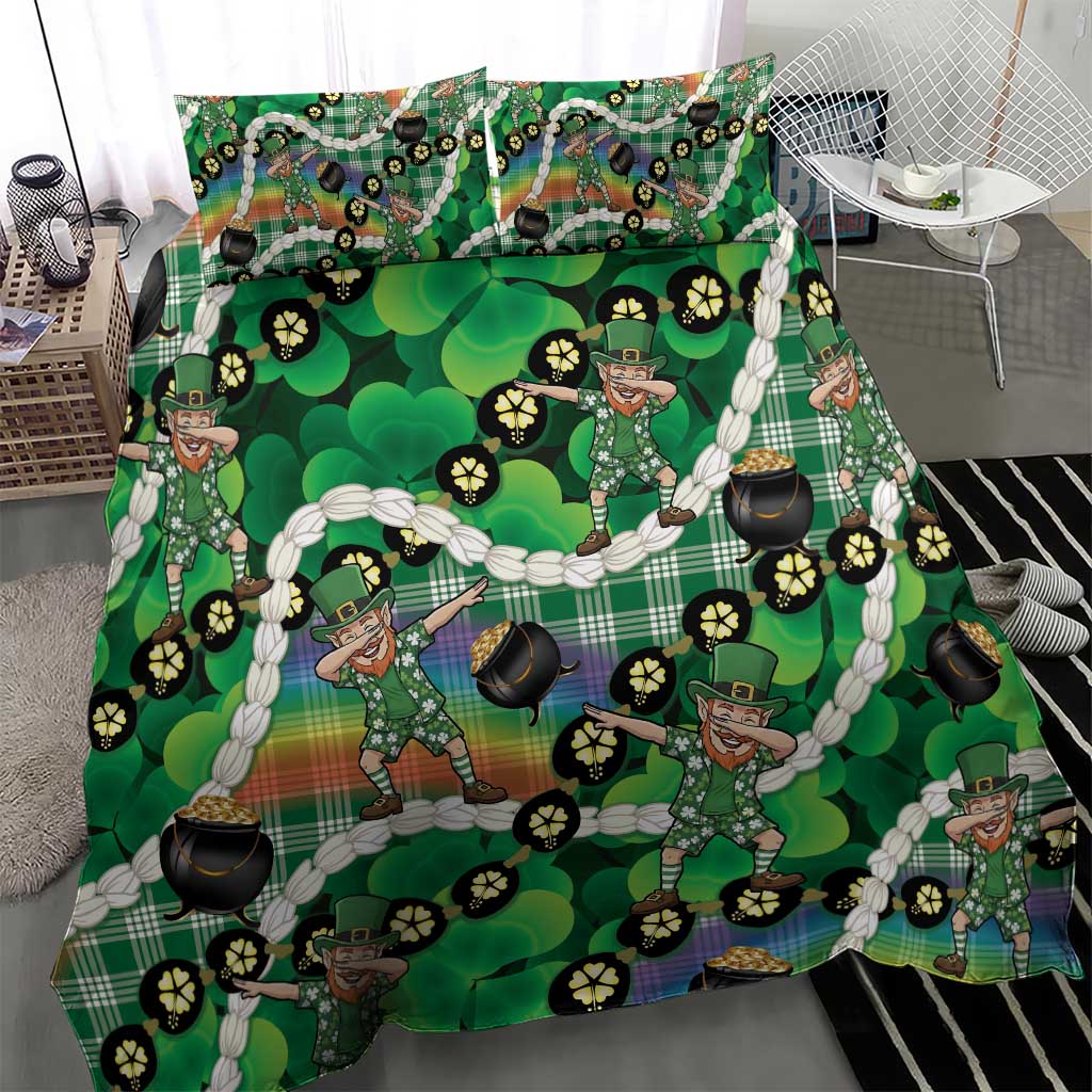 St Patrick's Day Palaka Hawaii Bedding Set Kukui Nut Pikake Lei Shamrock Dabbing Leprechaun