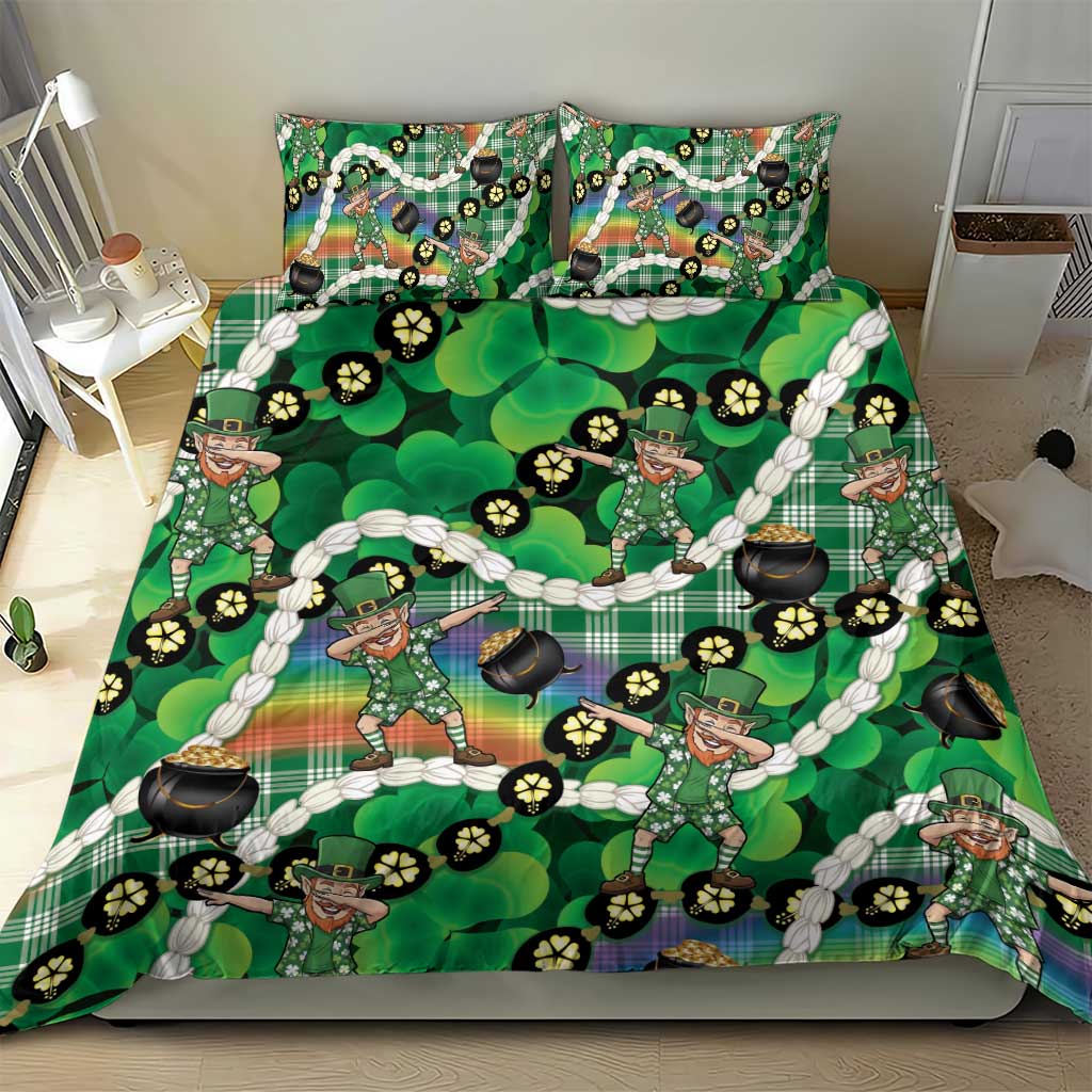 St Patrick's Day Palaka Hawaii Bedding Set Kukui Nut Pikake Lei Shamrock Dabbing Leprechaun