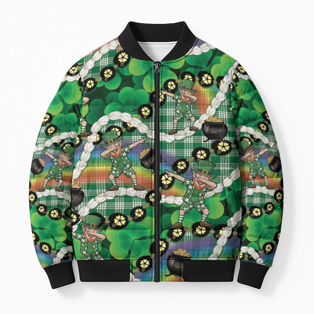 St Patrick's Day Palaka Hawaii Bomber Puffer Jacket Kukui Nut Pikake Lei Shamrock Dabbing Leprechaun