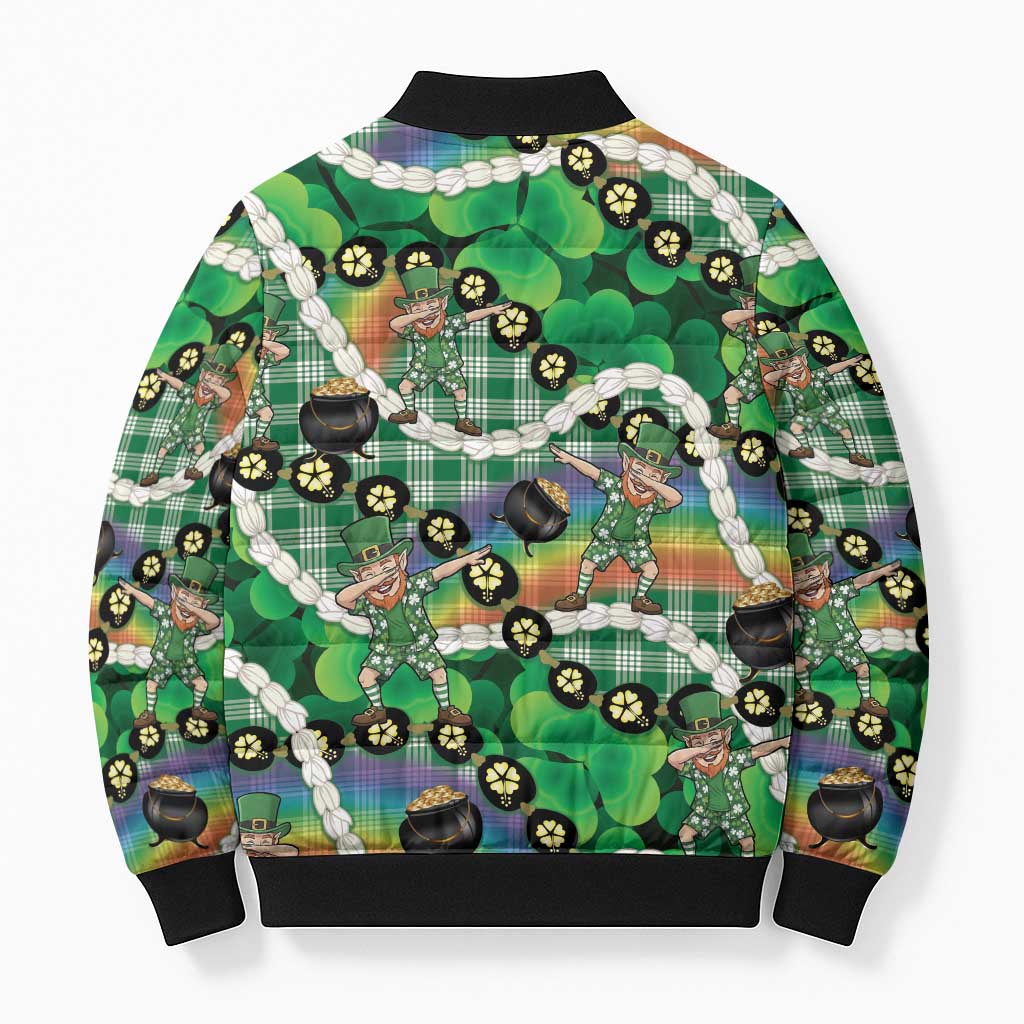 St Patrick's Day Palaka Hawaii Bomber Puffer Jacket Kukui Nut Pikake Lei Shamrock Dabbing Leprechaun