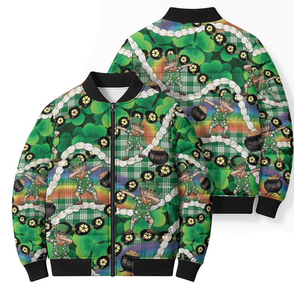 St Patrick's Day Palaka Hawaii Bomber Puffer Jacket Kukui Nut Pikake Lei Shamrock Dabbing Leprechaun