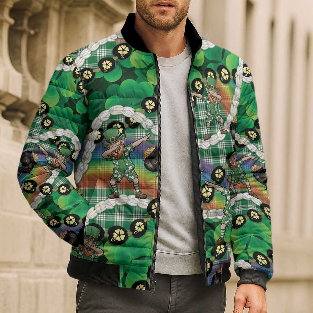 St Patrick's Day Palaka Hawaii Bomber Puffer Jacket Kukui Nut Pikake Lei Shamrock Dabbing Leprechaun