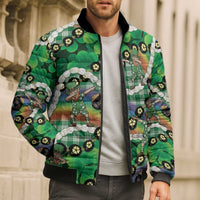 St Patrick's Day Palaka Hawaii Bomber Puffer Jacket Kukui Nut Pikake Lei Shamrock Dabbing Leprechaun