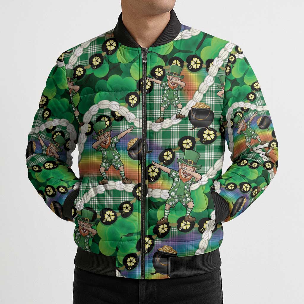 St Patrick's Day Palaka Hawaii Bomber Puffer Jacket Kukui Nut Pikake Lei Shamrock Dabbing Leprechaun