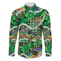 St Patrick's Day Palaka Hawaii Family Matching Mermaid Dress and Hawaiian Shirt Kukui Nut Pikake Lei Shamrock Dabbing Leprechaun LT14 Dad's Shirt - Long Sleeve Green - Polynesian Pride