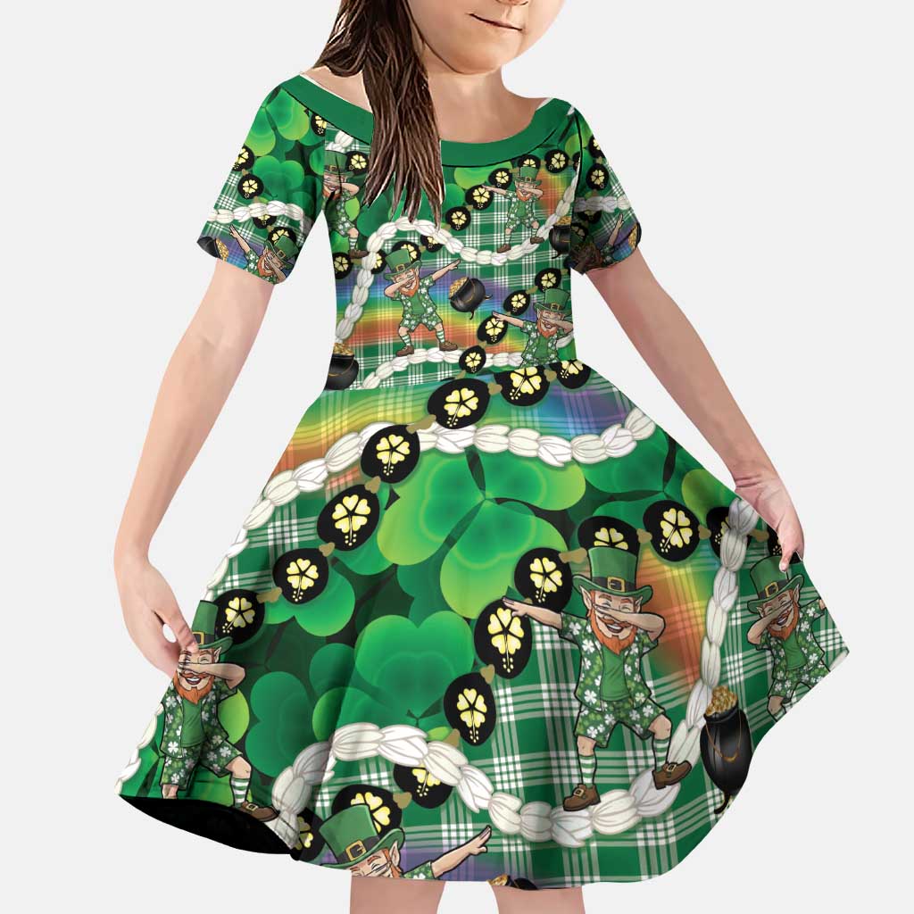 St Patrick's Day Palaka Hawaii Family Matching Off The Shoulder Long Sleeve Dress and Hawaiian Shirt Kukui Nut Pikake Lei Shamrock Dabbing Leprechaun LT14 Daughter's Dress Green - Polynesian Pride