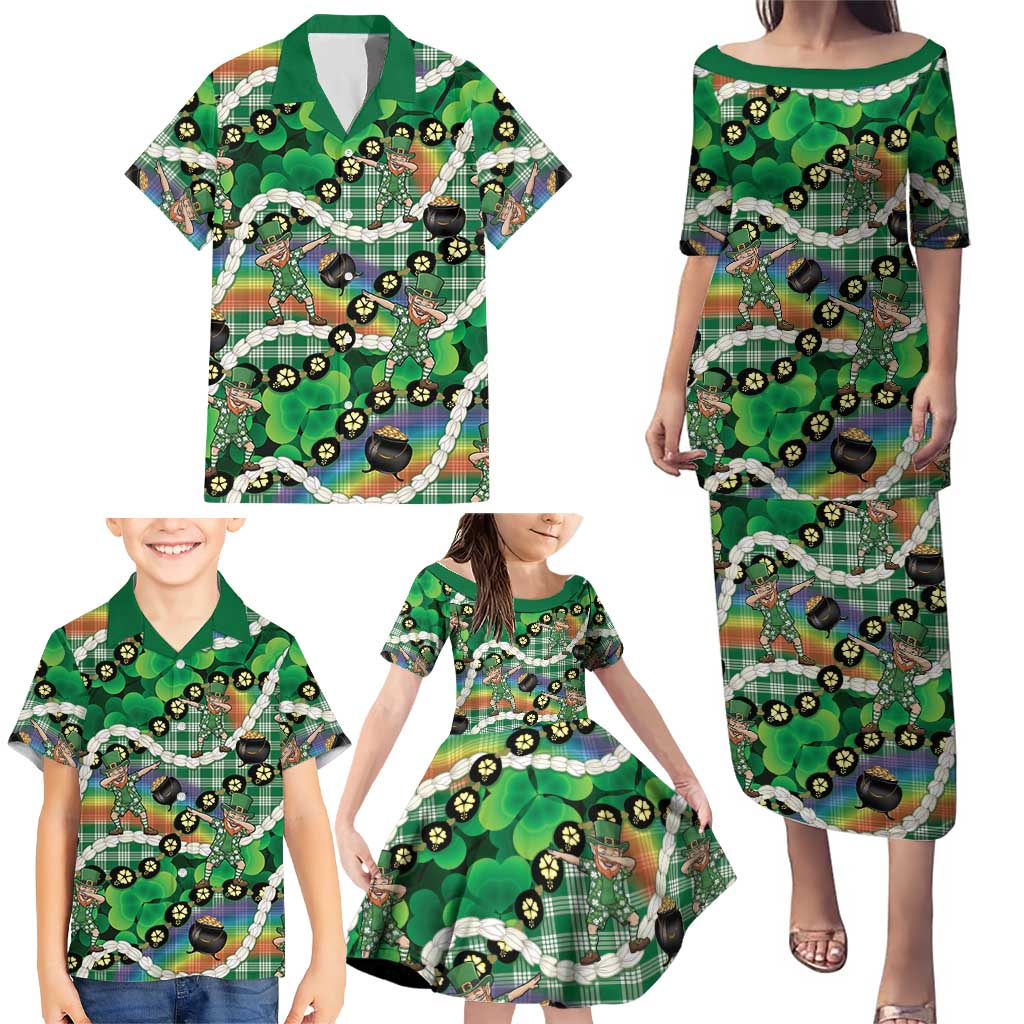 St Patrick's Day Palaka Hawaii Family Matching Puletasi and Hawaiian Shirt Kukui Nut Pikake Lei Shamrock Dabbing Leprechaun LT14 - Polynesian Pride