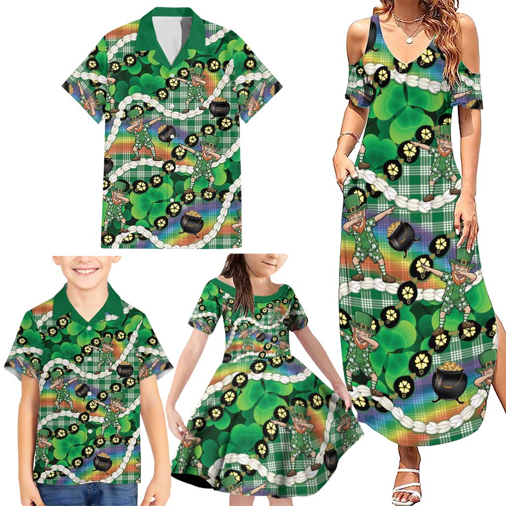 St Patrick's Day Palaka Hawaii Family Matching Summer Maxi Dress and Hawaiian Shirt Kukui Nut Pikake Lei Shamrock Dabbing Leprechaun LT14 - Polynesian Pride
