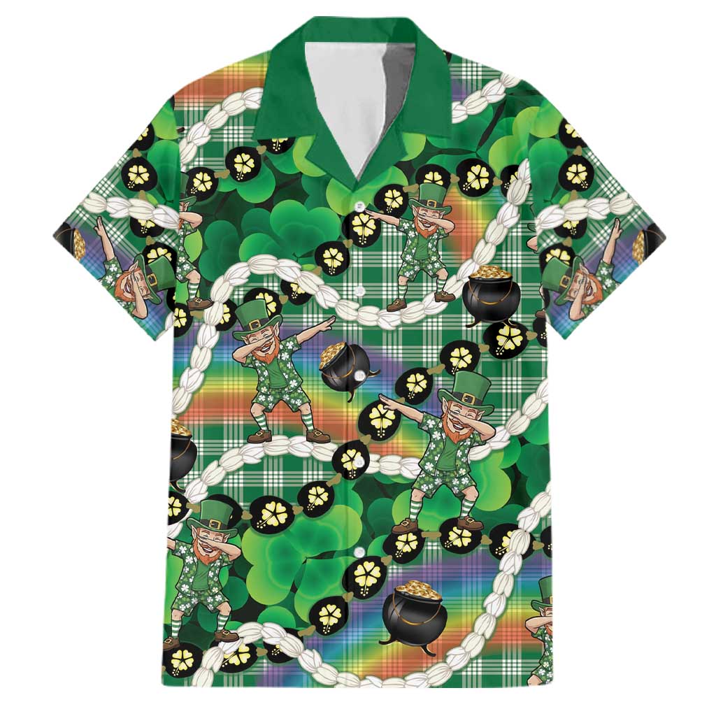 St Patrick's Day Palaka Hawaii Family Matching Summer Maxi Dress and Hawaiian Shirt Kukui Nut Pikake Lei Shamrock Dabbing Leprechaun LT14 Dad's Shirt - Short Sleeve Green - Polynesian Pride