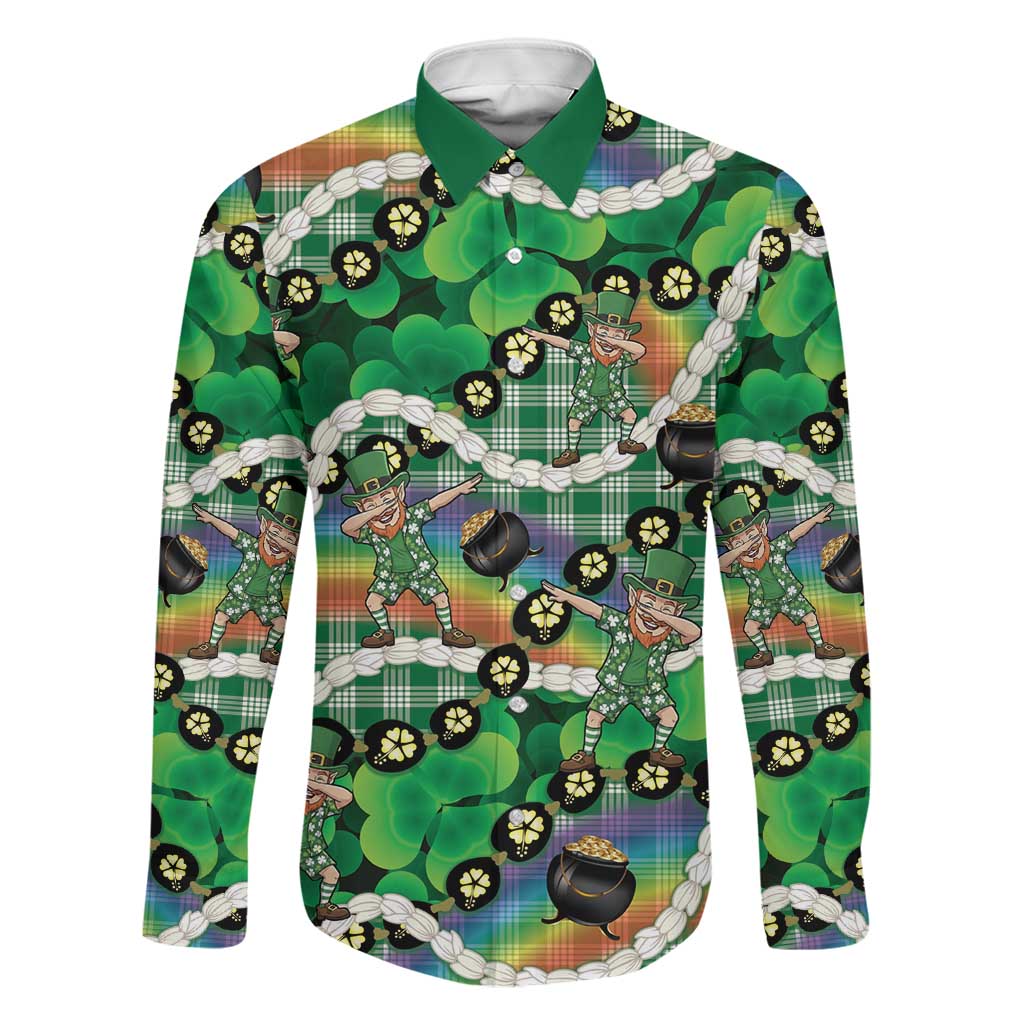 St Patrick's Day Palaka Hawaii Family Matching Tank Maxi Dress and Hawaiian Shirt Kukui Nut Pikake Lei Shamrock Dabbing Leprechaun LT14 Dad's Shirt - Long Sleeve Green - Polynesian Pride