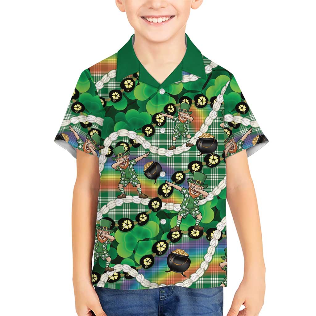 St Patrick's Day Palaka Hawaii Family Matching Tank Maxi Dress and Hawaiian Shirt Kukui Nut Pikake Lei Shamrock Dabbing Leprechaun LT14 Son's Shirt Green - Polynesian Pride
