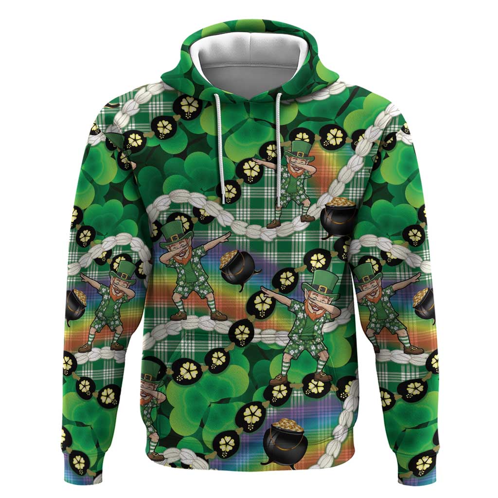 St Patrick's Day Palaka Hawaii Hoodie Kukui Nut Pikake Lei Shamrock Dabbing Leprechaun LT14 Pullover Hoodie Green - Polynesian Pride