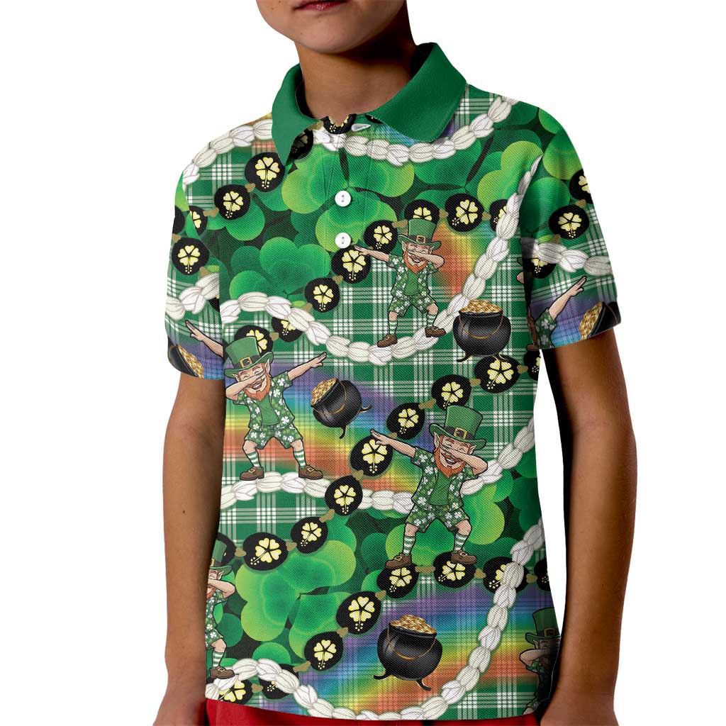 St Patrick's Day Palaka Hawaii Kid Polo Shirt Kukui Nut Pikake Lei Shamrock Dabbing Leprechaun LT14 Kid Green - Polynesian Pride