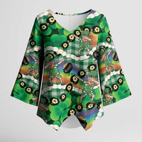 St Patrick's Day Palaka Hawaii Kimono Sleeve Blouse Kukui Nut Pikake Lei Shamrock Dabbing Leprechaun LT14 Female Green - Polynesian Pride