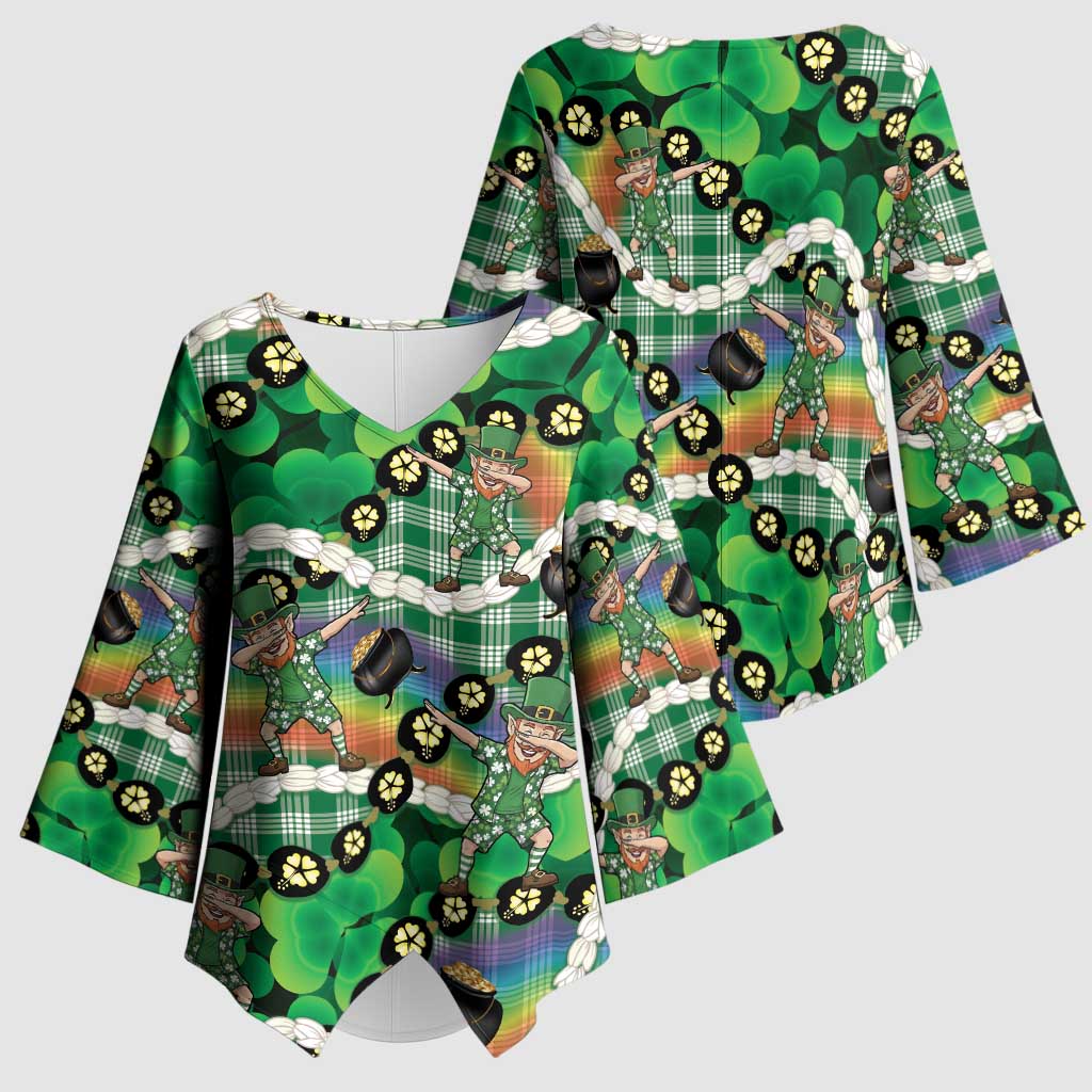 St Patrick's Day Palaka Hawaii Kimono Sleeve Blouse Kukui Nut Pikake Lei Shamrock Dabbing Leprechaun LT14 - Polynesian Pride