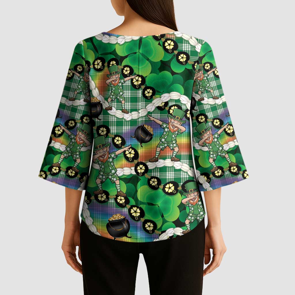 St Patrick's Day Palaka Hawaii Kimono Sleeve Blouse Kukui Nut Pikake Lei Shamrock Dabbing Leprechaun LT14 - Polynesian Pride